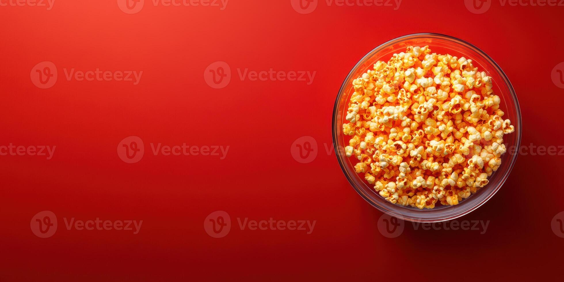 Freshly popped popcorn in a clear bowl on a vibrant red background for movie night snacks photo