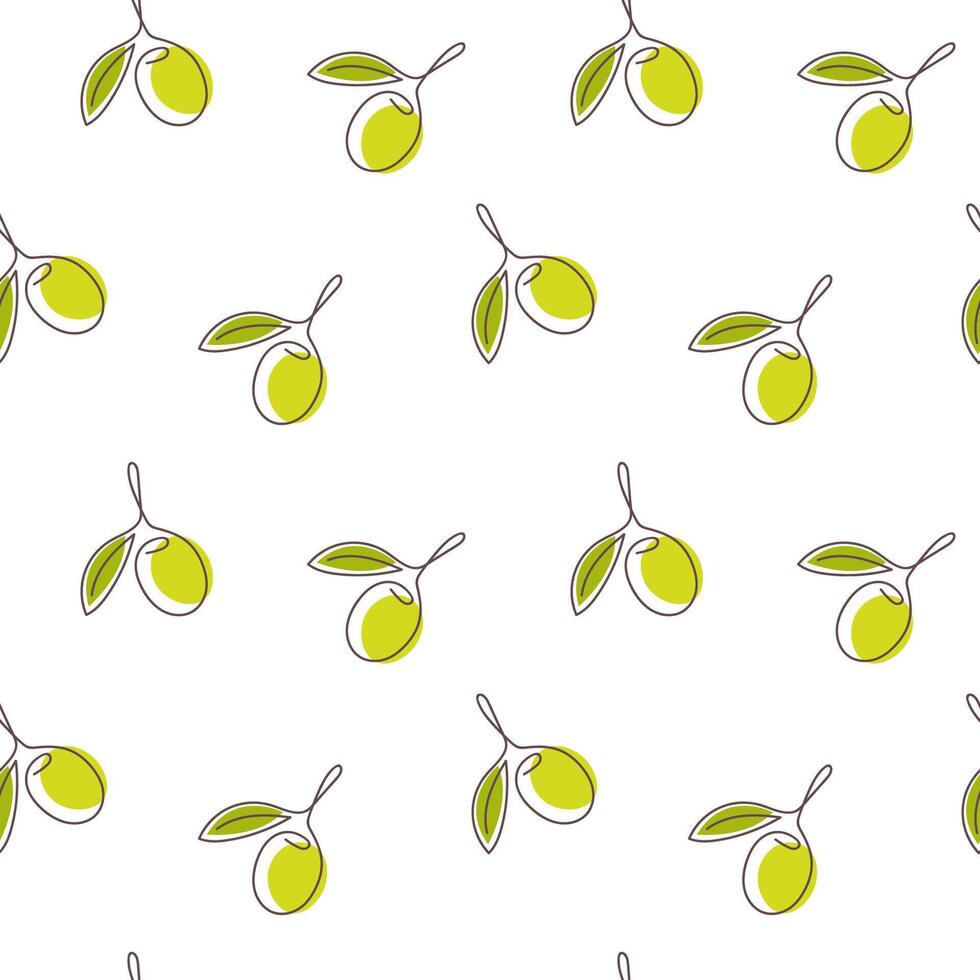 Olive seamless pattern with green olives berries and leaves in one continuous line drawing style. Perfect for olive oil packaging, wrapping paper, kitchen textile and so on vector