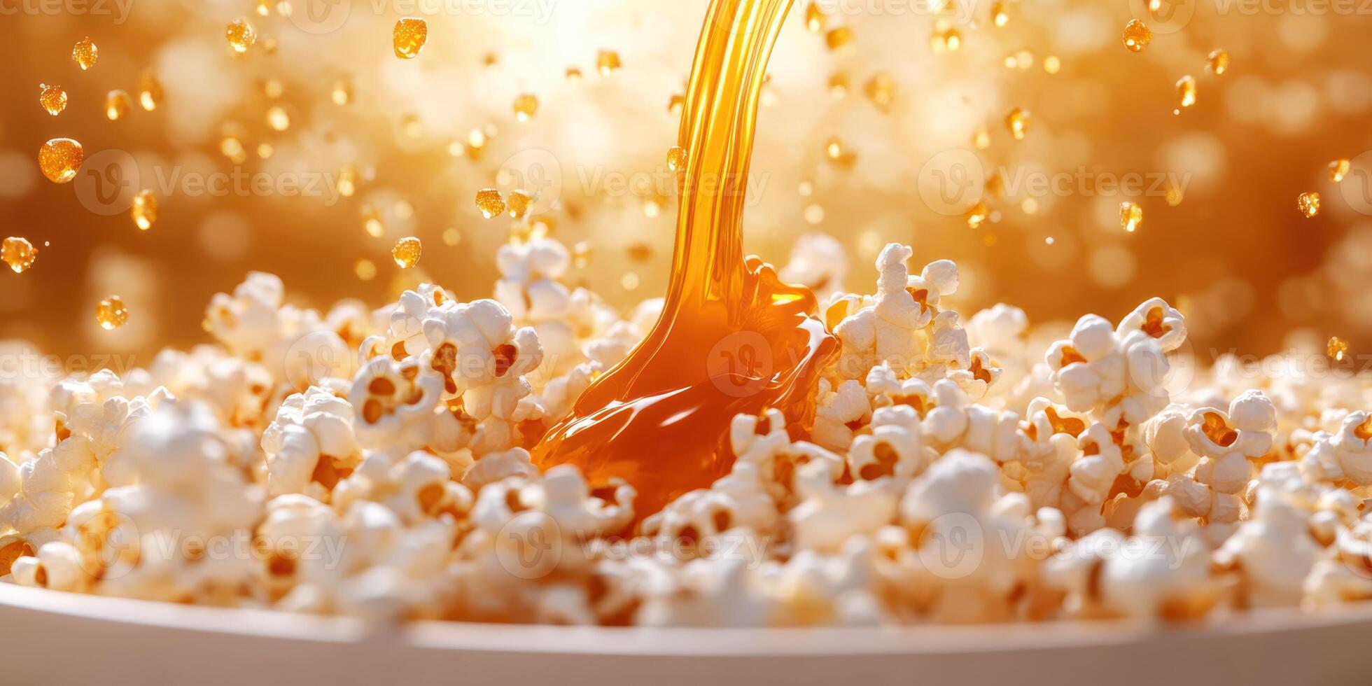 Delicious caramel sauce being drizzled over freshly popped popcorn in a warm, inviting setting photo