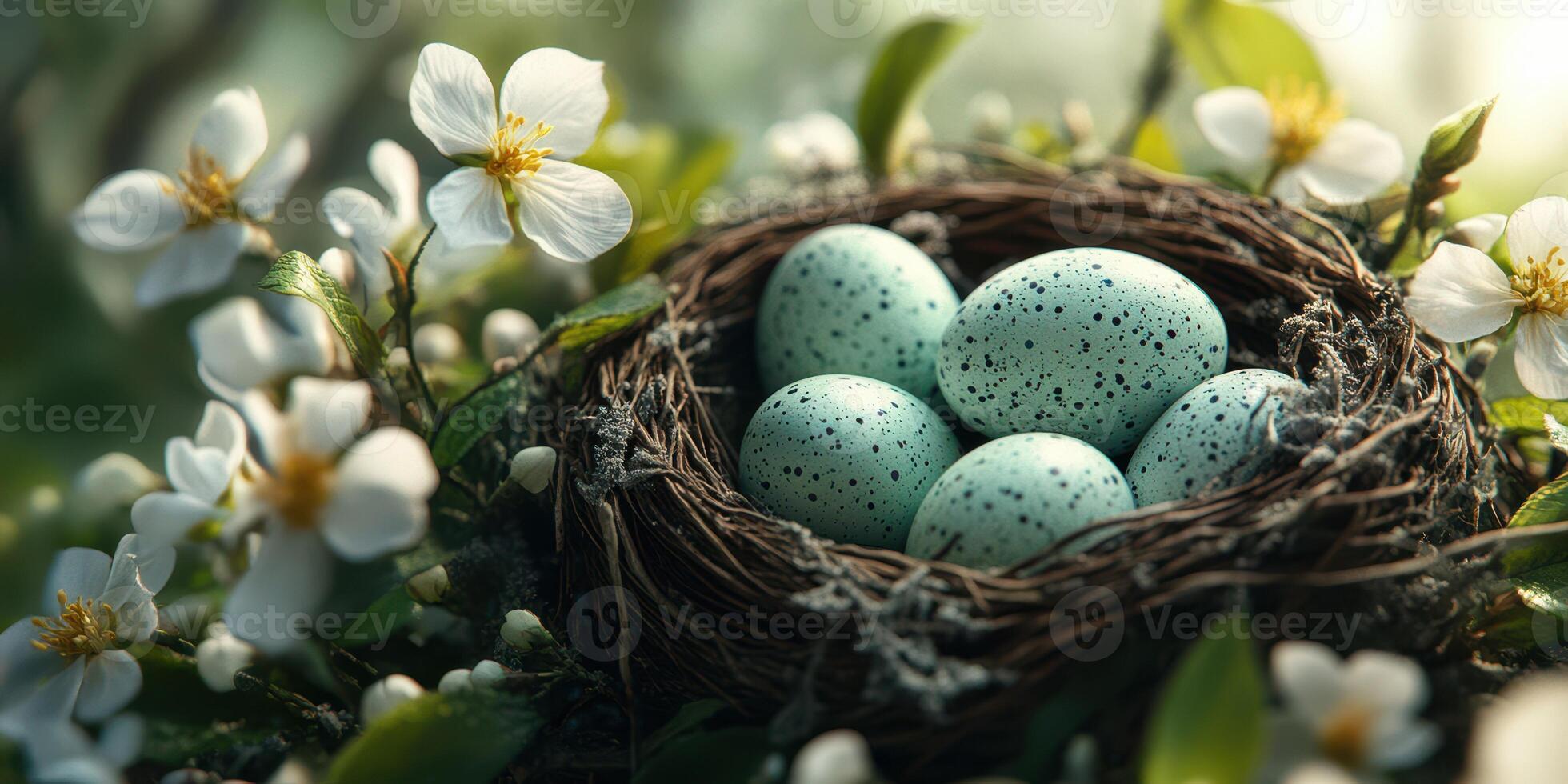 Blue speckled eggs nestled in a bird's nest surrounded by blooming flowers in a serene garden setting photo