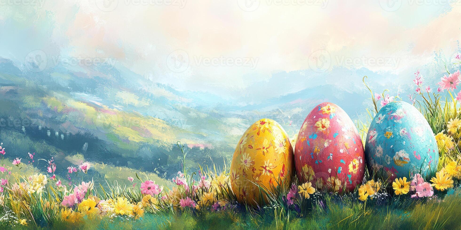 Colorful Easter eggs in a blooming meadow with mountains in the background during a spring afternoon photo