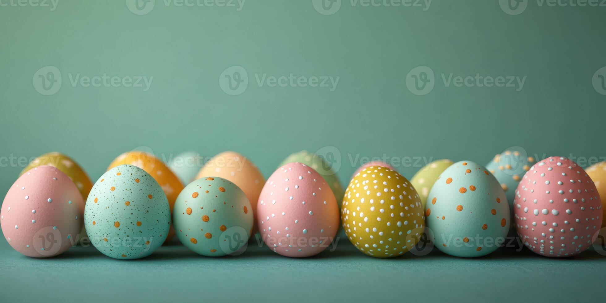 Colorful patterned Easter eggs lined up on a green background in springtime celebration decor photo