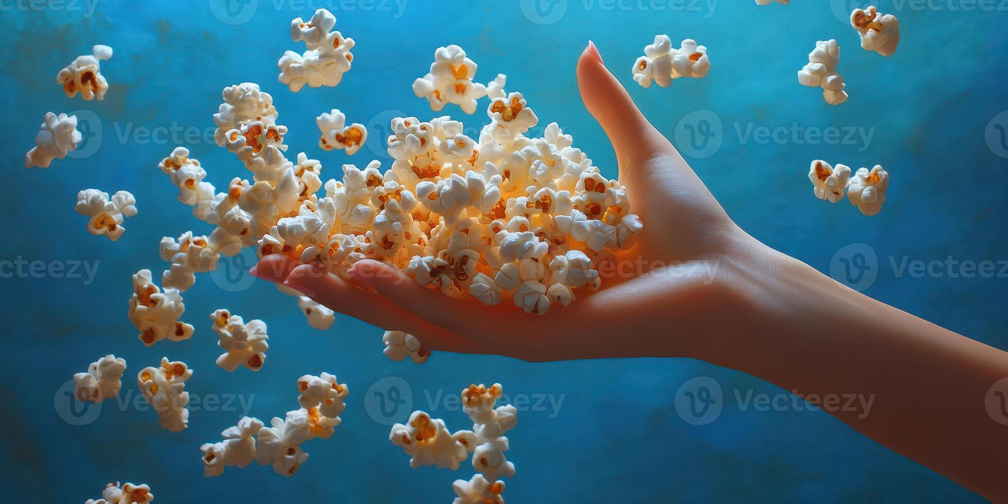 Popcorn is scattered from a hand against a vibrant blue background in a playful and artistic display of snacks photo