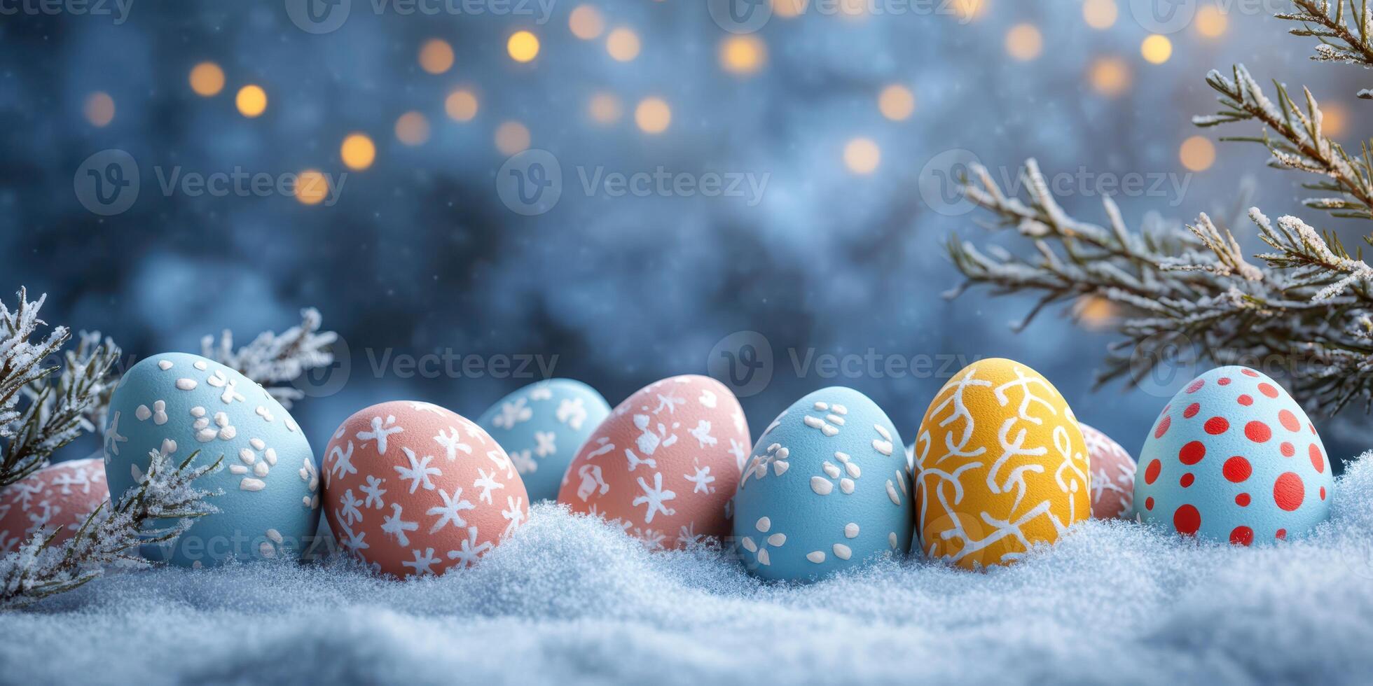 Colorful decorated eggs resting on snow with twinkling lights in the background during winter celebration photo