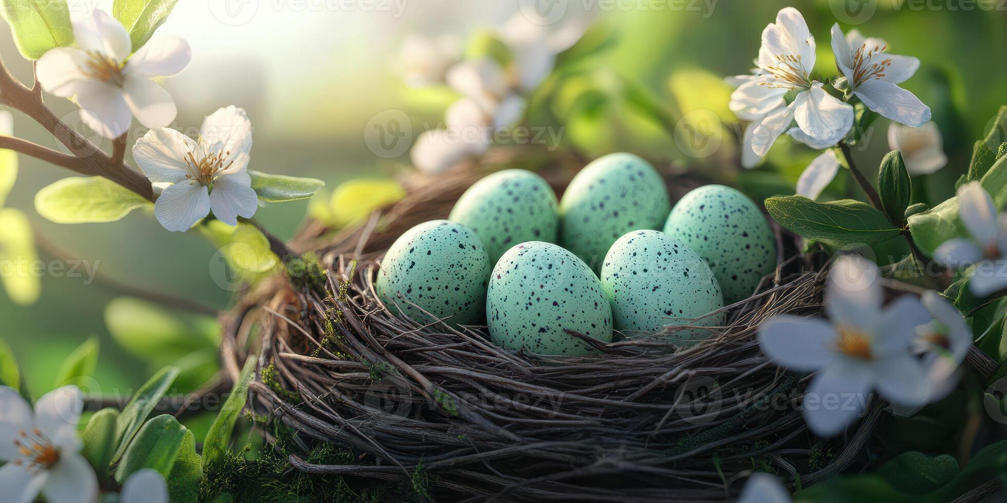 Nest with speckled green eggs surrounded by delicate white flowers in a serene garden setting during springtime photo
