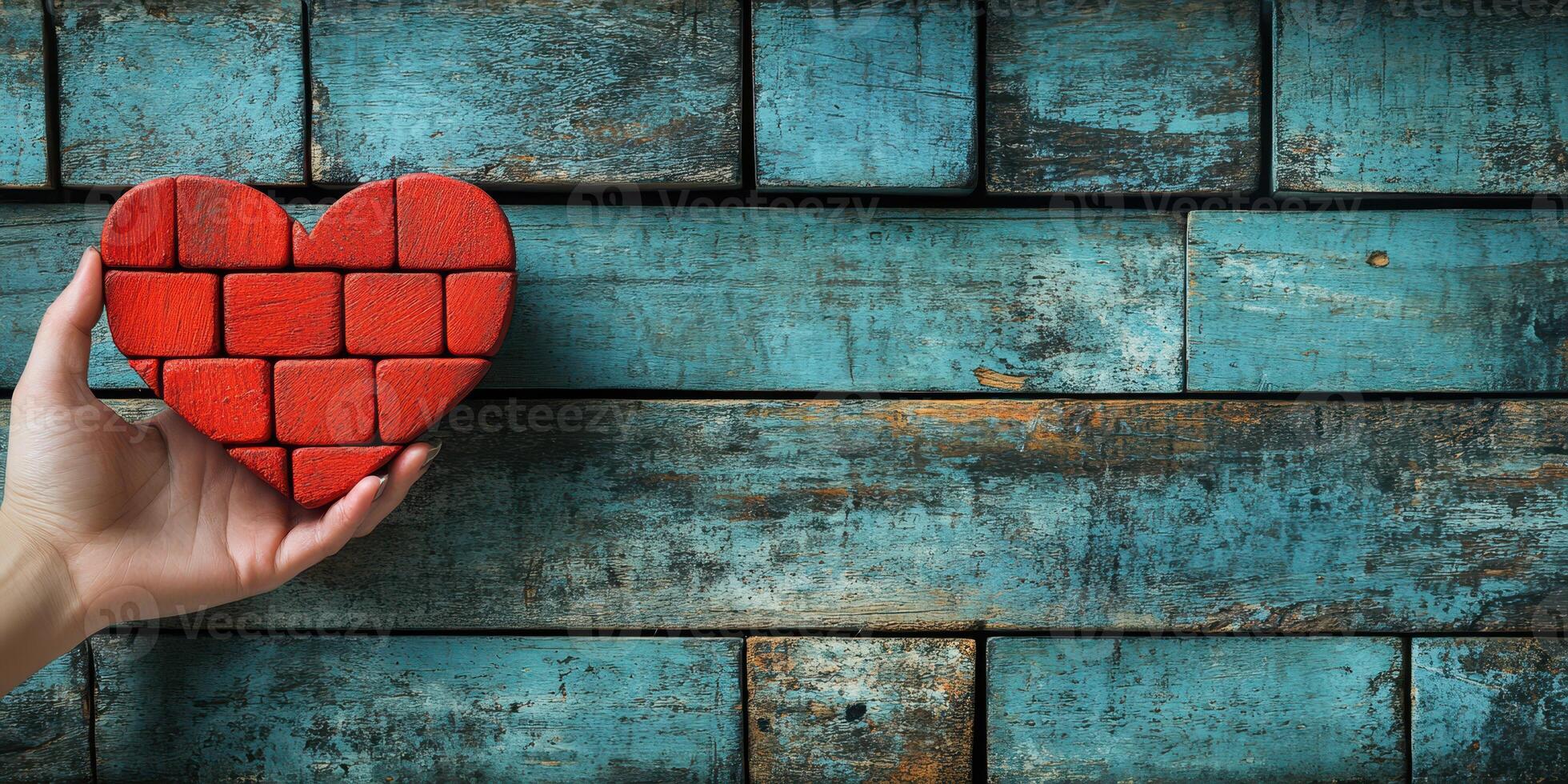 Hand holding a red heart made of blocks against a weathered blue wooden background photo