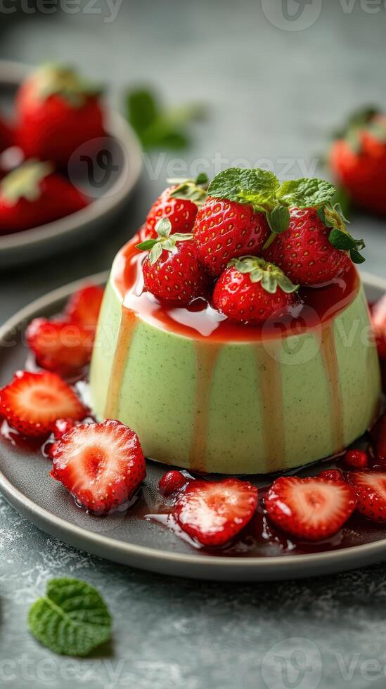 Delicious green dessert topped with fresh strawberries and raspberry sauce on a gray background photo