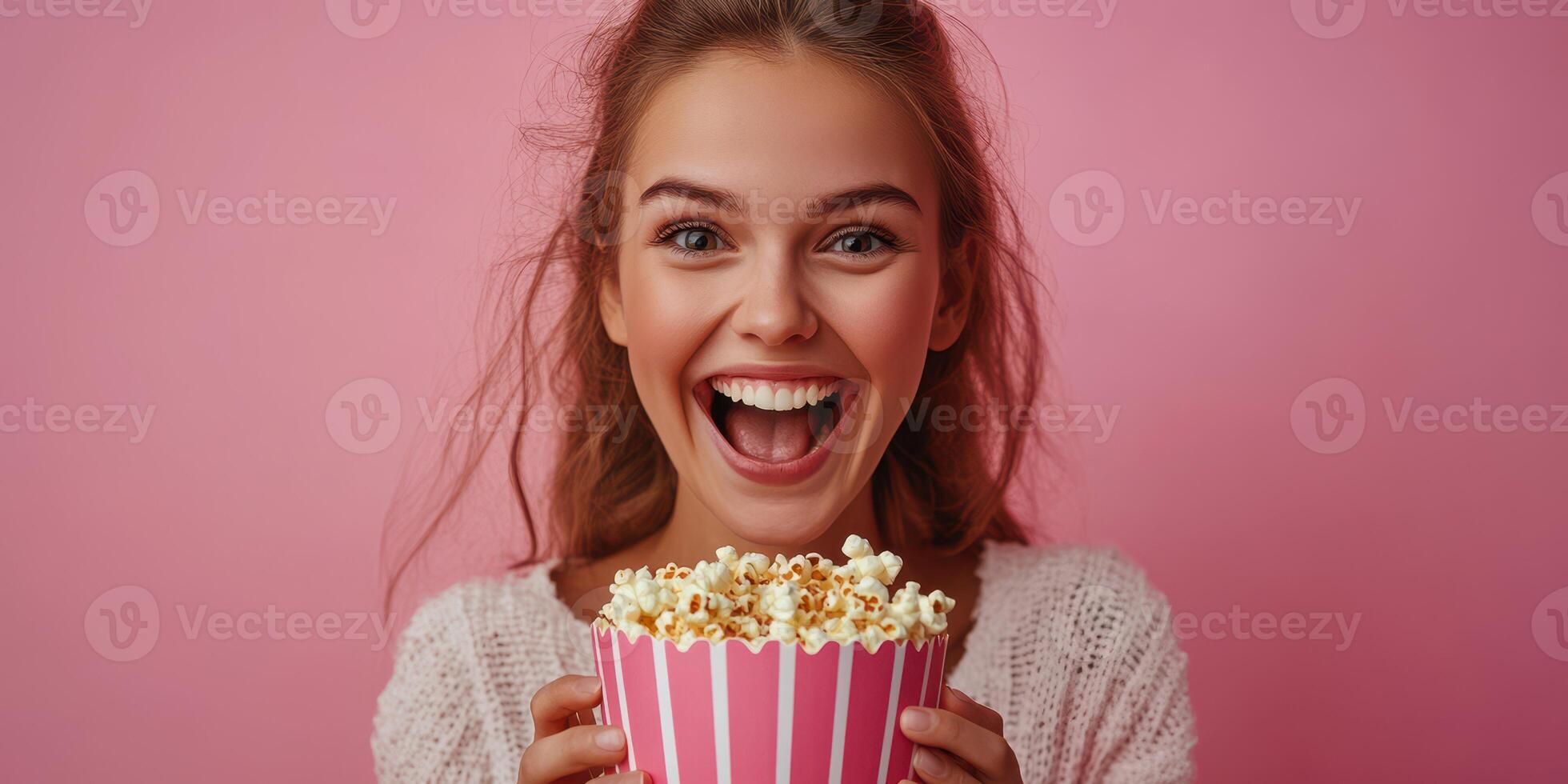 Smiling young woman holding a large bowl of popcorn against a pink background enjoying movie night photo