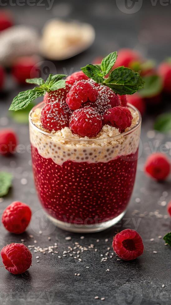 Vibrant raspberry chia pudding served in a glass with fresh mint and a dark background photo