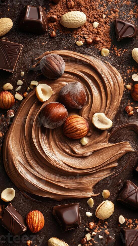 Creamy chocolate swirl with various nuts creates an enticing dessert display in a rustic setting photo