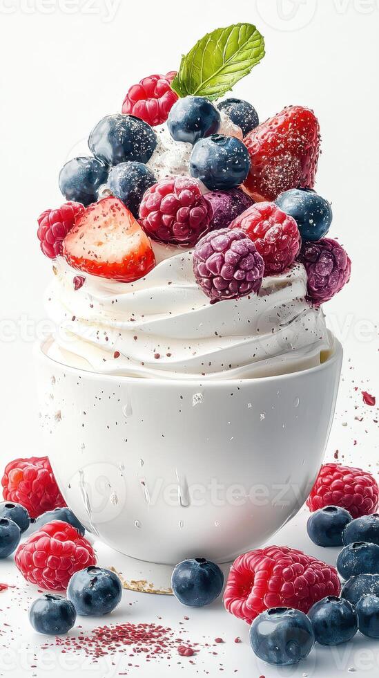 Delicious soft serve topped with fresh raspberries, blueberries, and strawberries in a white bowl photo
