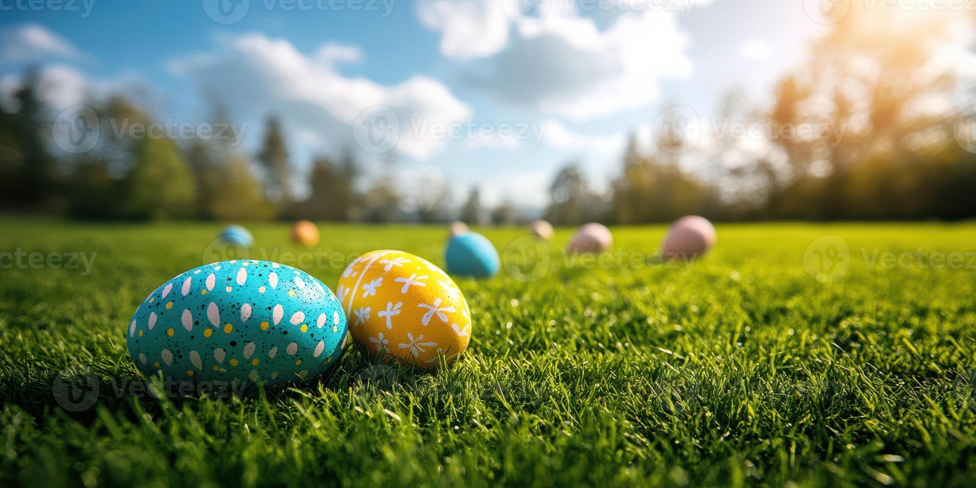Colorful Easter eggs scattered on grassy field under a bright sky during springtime celebration photo