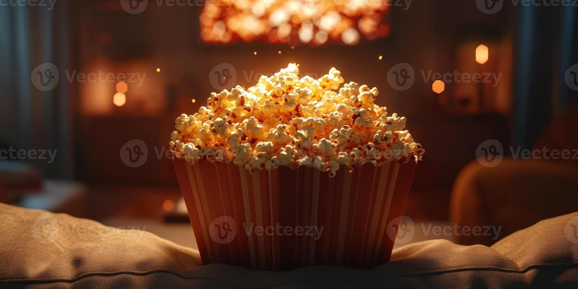 Popcorn fills a large bowl in a cozy living room, creating a warm atmosphere for movie night in the evening photo