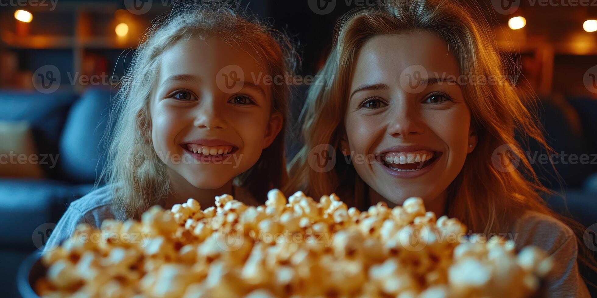 Enjoying a cozy movie night with popcorn between a mother and daughter at home in the evening photo