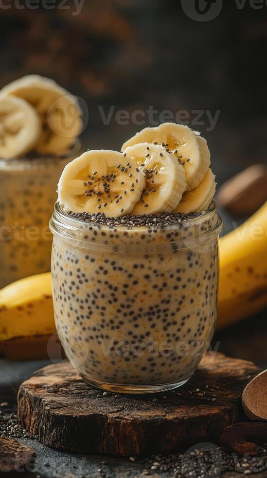 Delicious chia seed pudding with banana slices prepared in a rustic kitchen setting photo