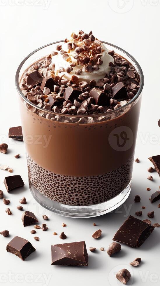 Decadent chocolate dessert topped with whipped cream and chocolate pieces in a glass cup photo