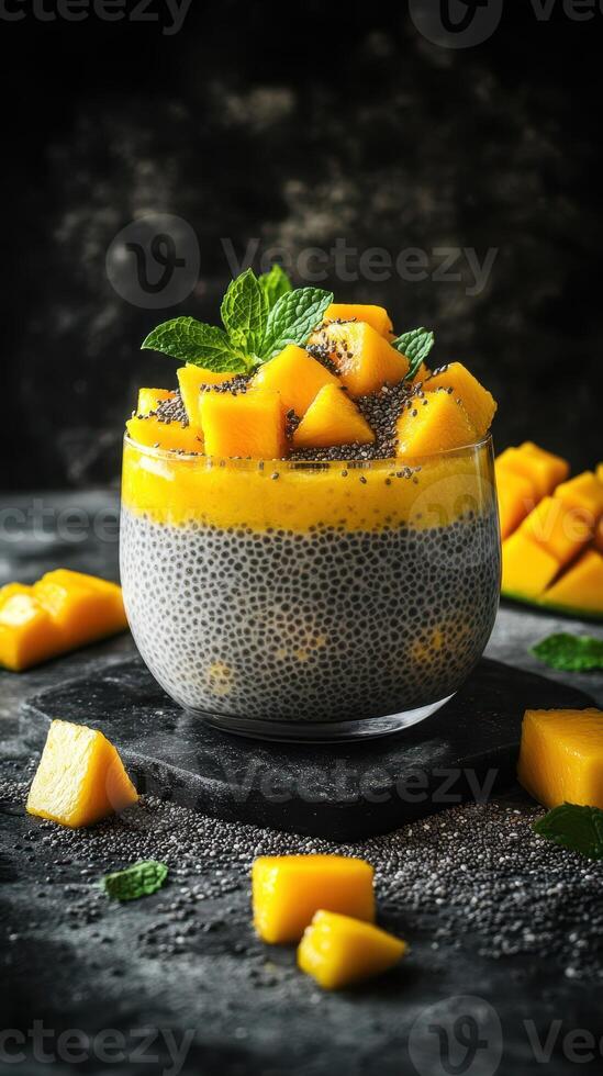 Delicious chia pudding topped with fresh mango and mint on a dark textured background photo