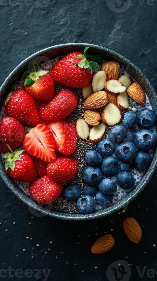 Berry and nut breakfast bowl featuring fresh strawberries and blueberries with chia seeds, served in a black bowl on a dark textured surface photo