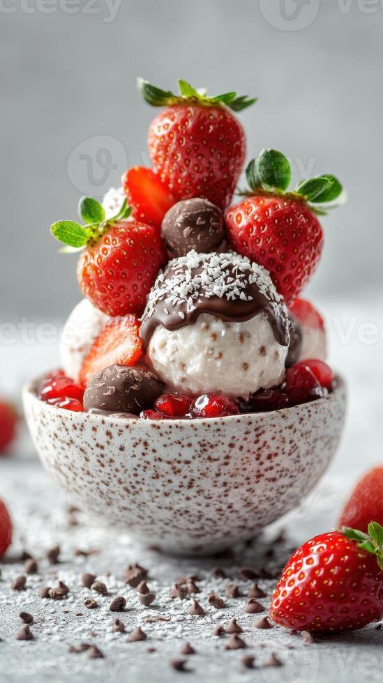 Delicious dessert featuring layers of ice cream topped with strawberries and chocolate sauce in a beautiful bowl photo