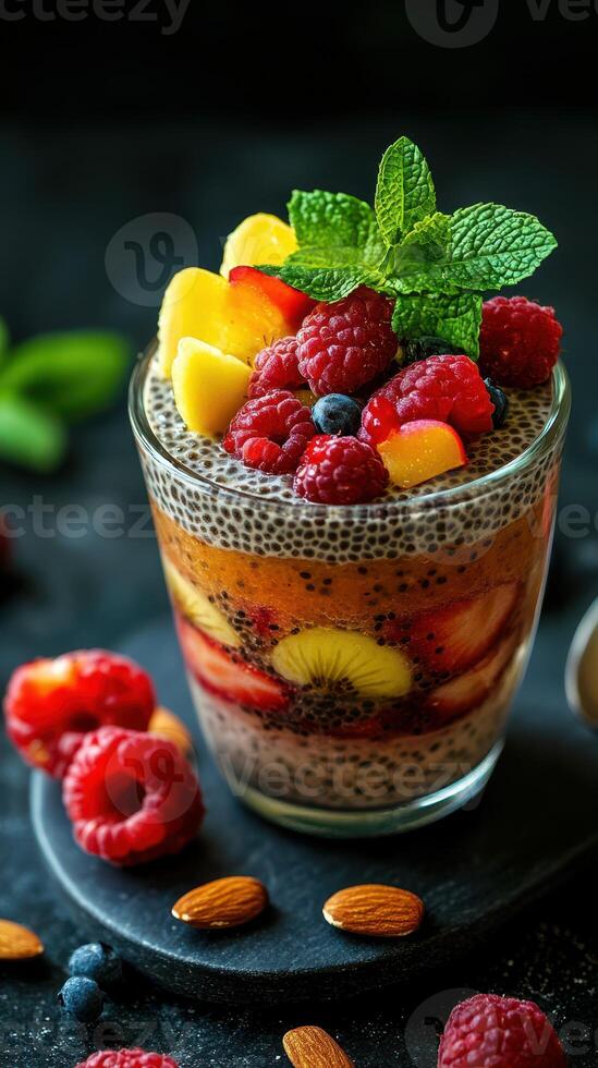 Refreshing chia seed pudding topped with vibrant fruits served in a glass on a dark surface photo