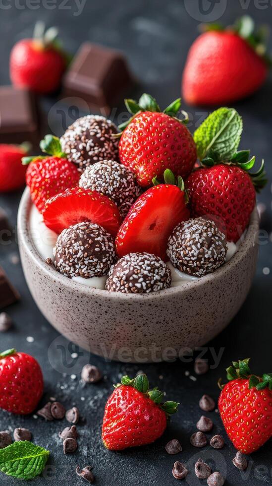 Delicious bowl of yogurt topped with fresh strawberries and chocolate truffles on a dark background photo