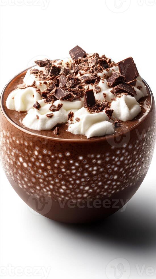 Creamy hot chocolate topped with whipped cream and chocolate shavings in a decorative bowl photo