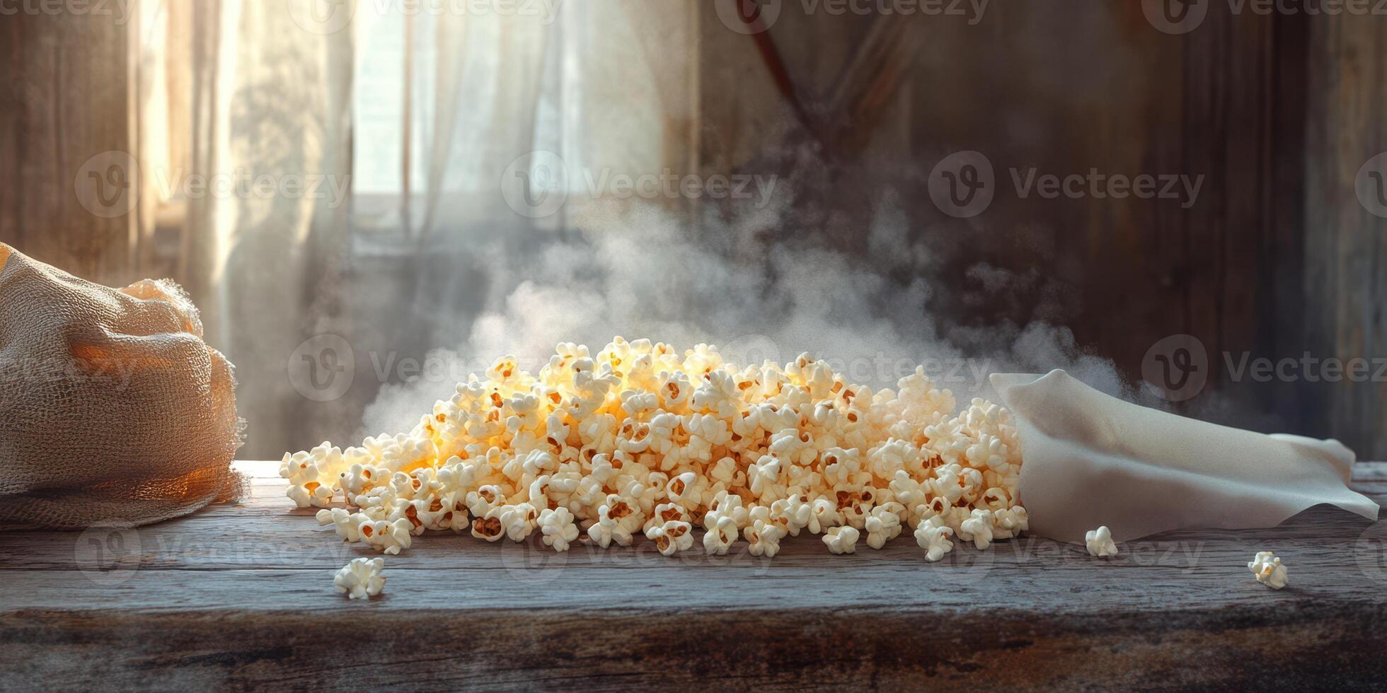 Freshly popped popcorn rests on a rustic wooden table with warm light filtering through sheer curtains in a cozy setting photo