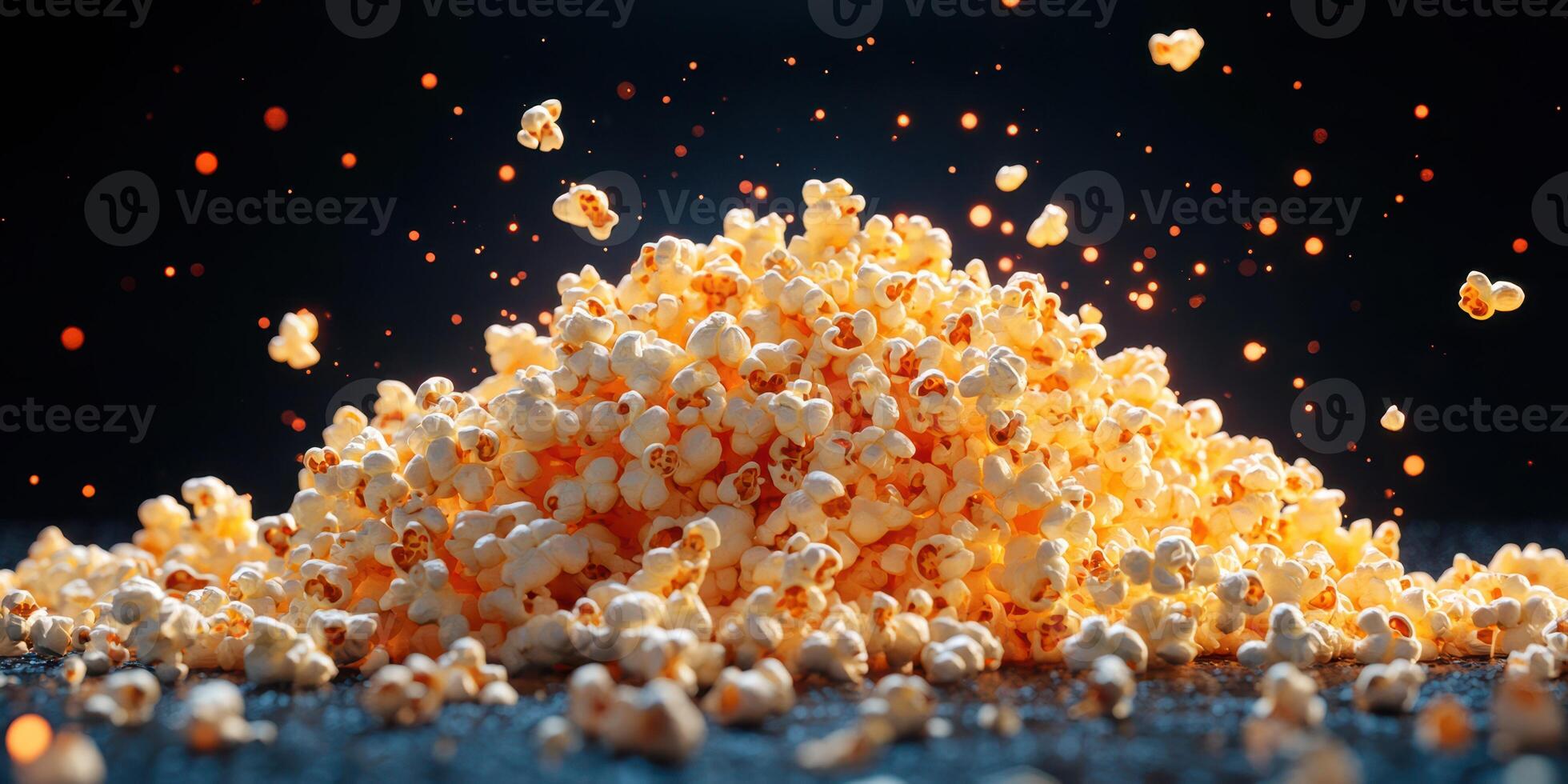 Delicious popcorn spills across a surface with dynamic motion in a beautifully lit setting photo