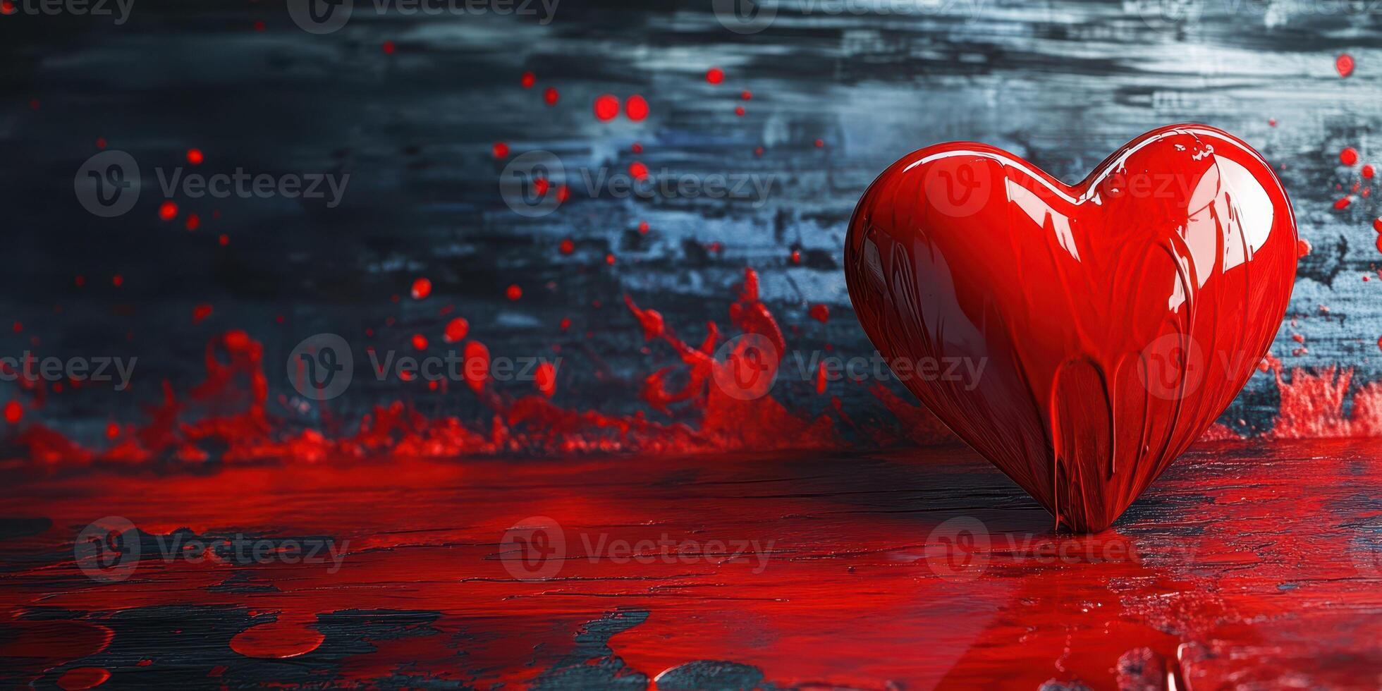 Heart made of red paint spills on a dark surface during an art project at a creative studio photo
