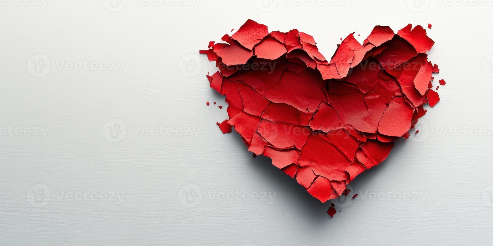 Red heart made of broken pieces symbolizing love and fragility on a light background photo