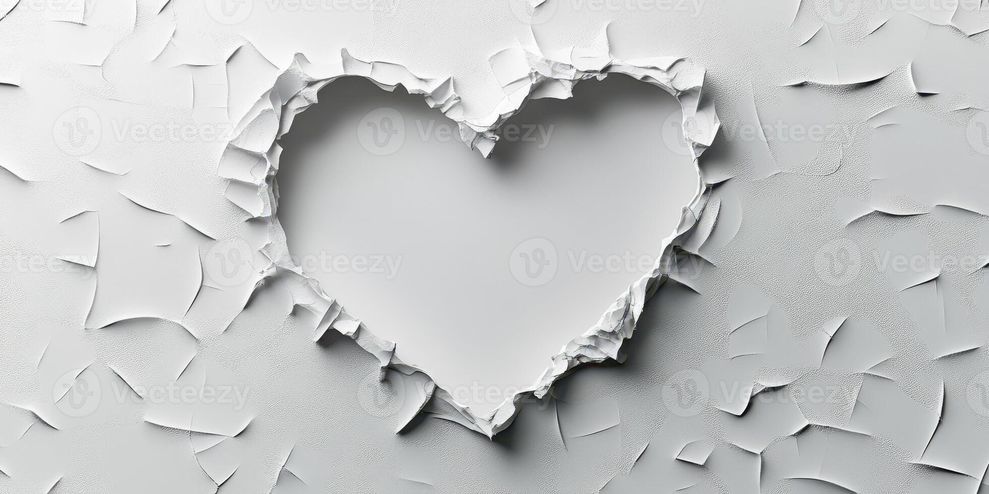 Torn paper heart shape revealing a blank background with texture and depth in a creative art composition photo