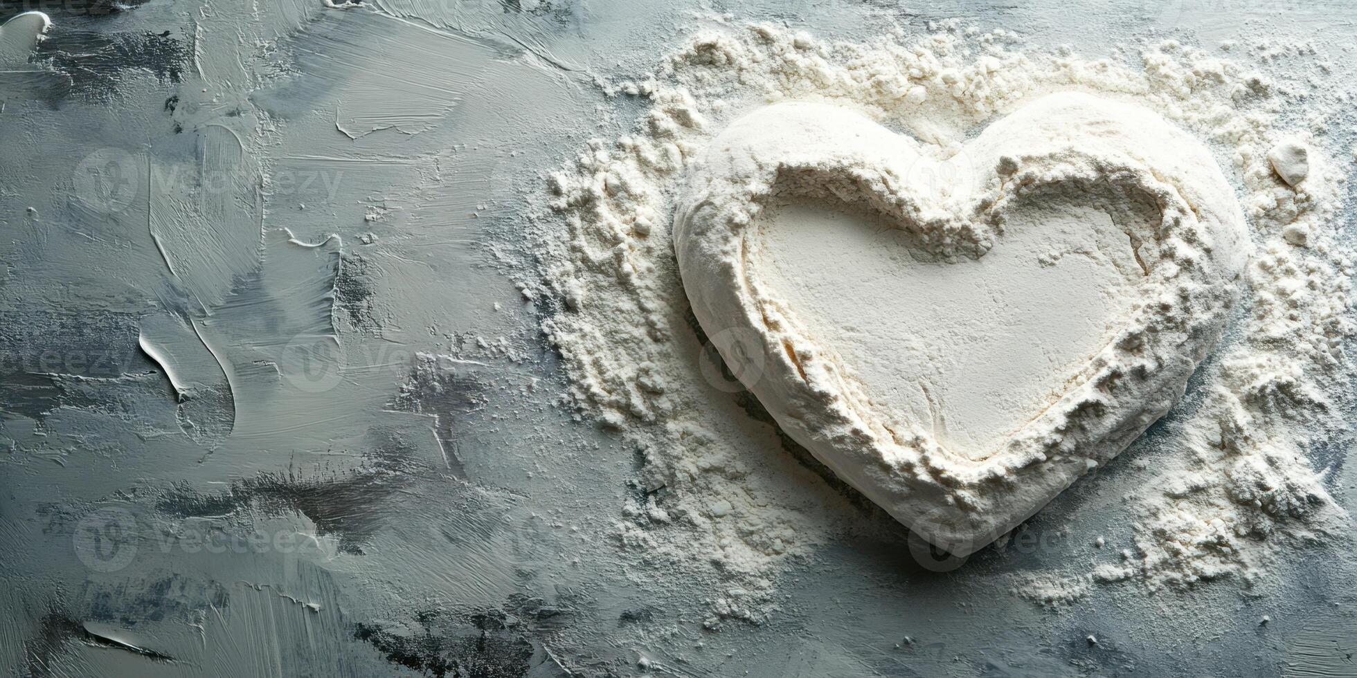 Heart-shaped flour design on a textured surface created during baking preparations in a cozy kitchen photo