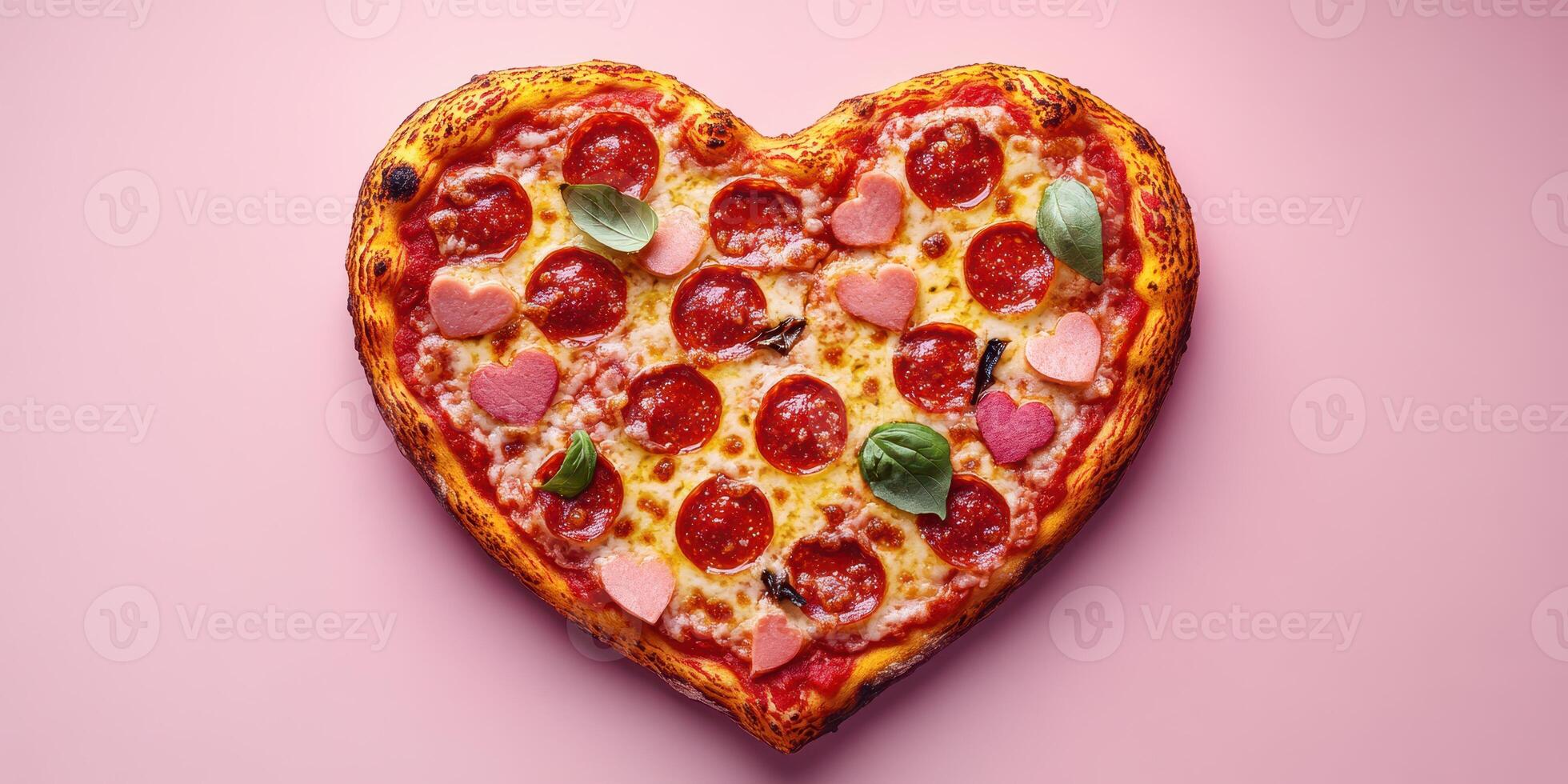 Delicious heart-shaped pepperoni pizza topped with fun toppings on a pastel pink background perfect for celebrations photo