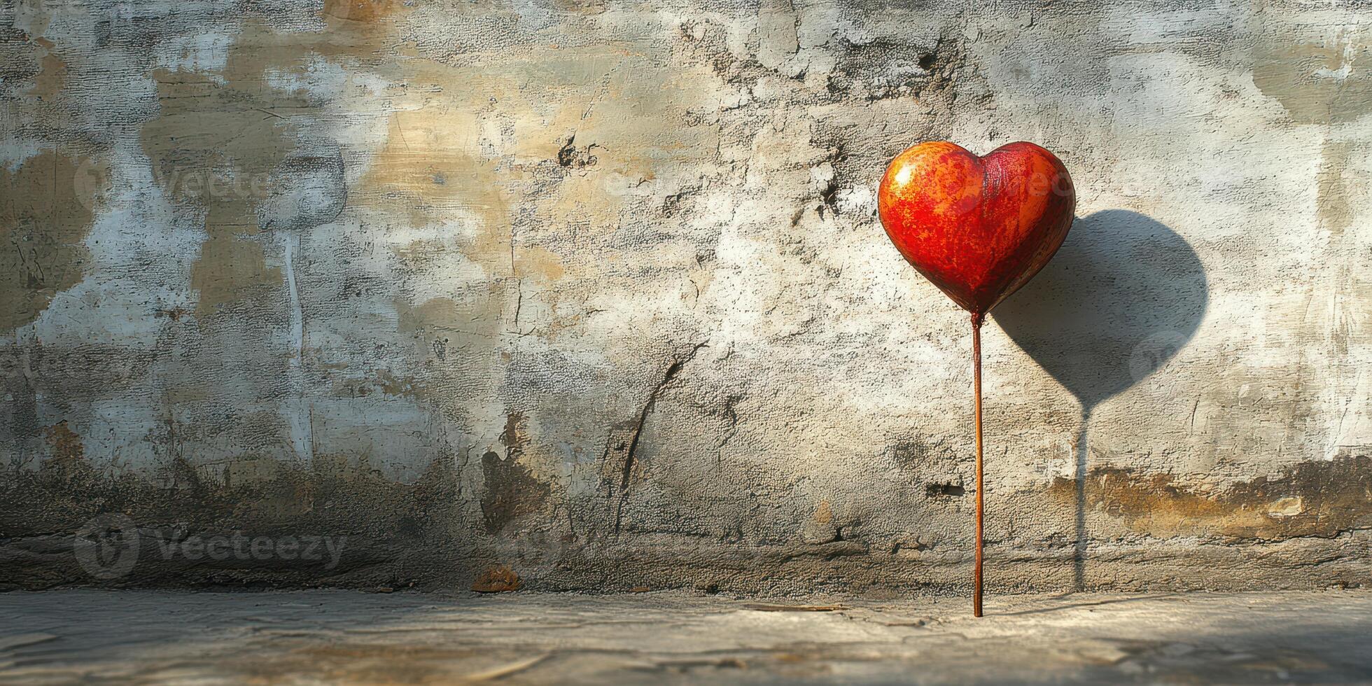 Heart sculpture standing against a textured wall casting a shadow in soft light photo