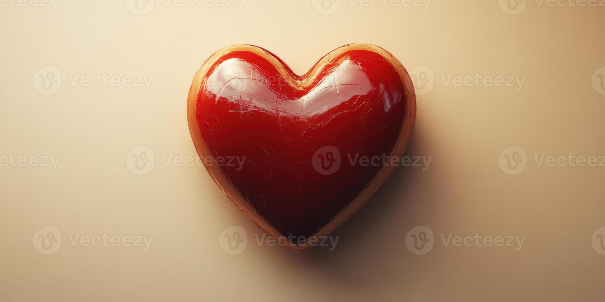 Heart-shaped object with a glossy red finish positioned on a smooth surface, creating a striking visual appeal and symbolizing love photo