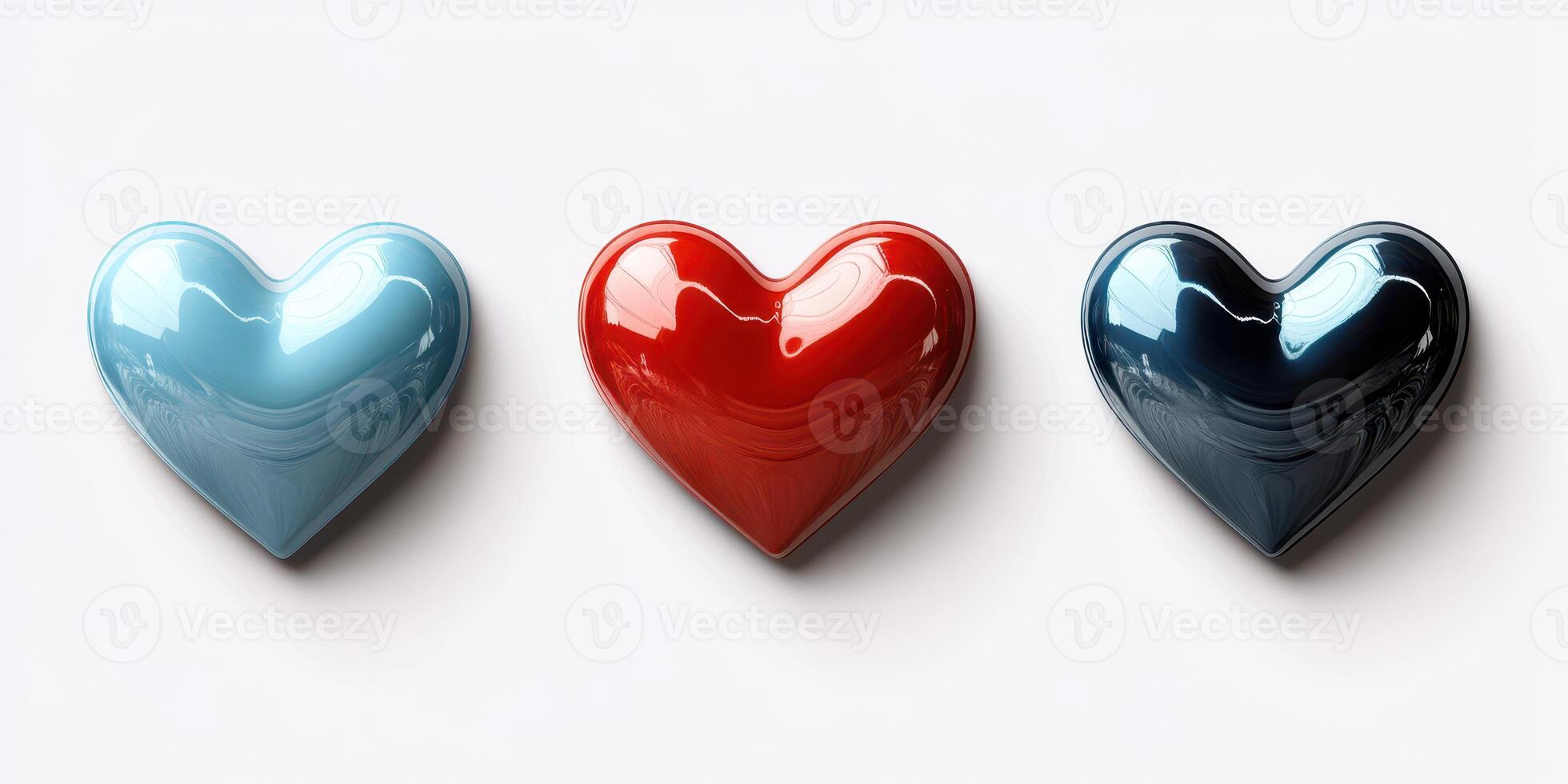 Decorative heart-shaped objects in blue, red, and dark colors arranged on a white background photo