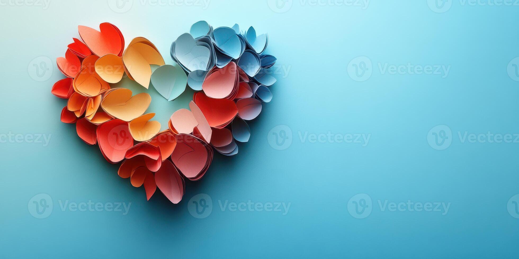Colorful paper heart arrangement showcasing creativity and love on a soft blue background photo