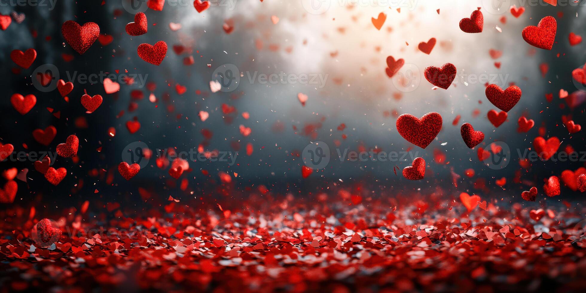Heart shapes fall gracefully from above, creating a romantic atmosphere in a dreamy setting photo