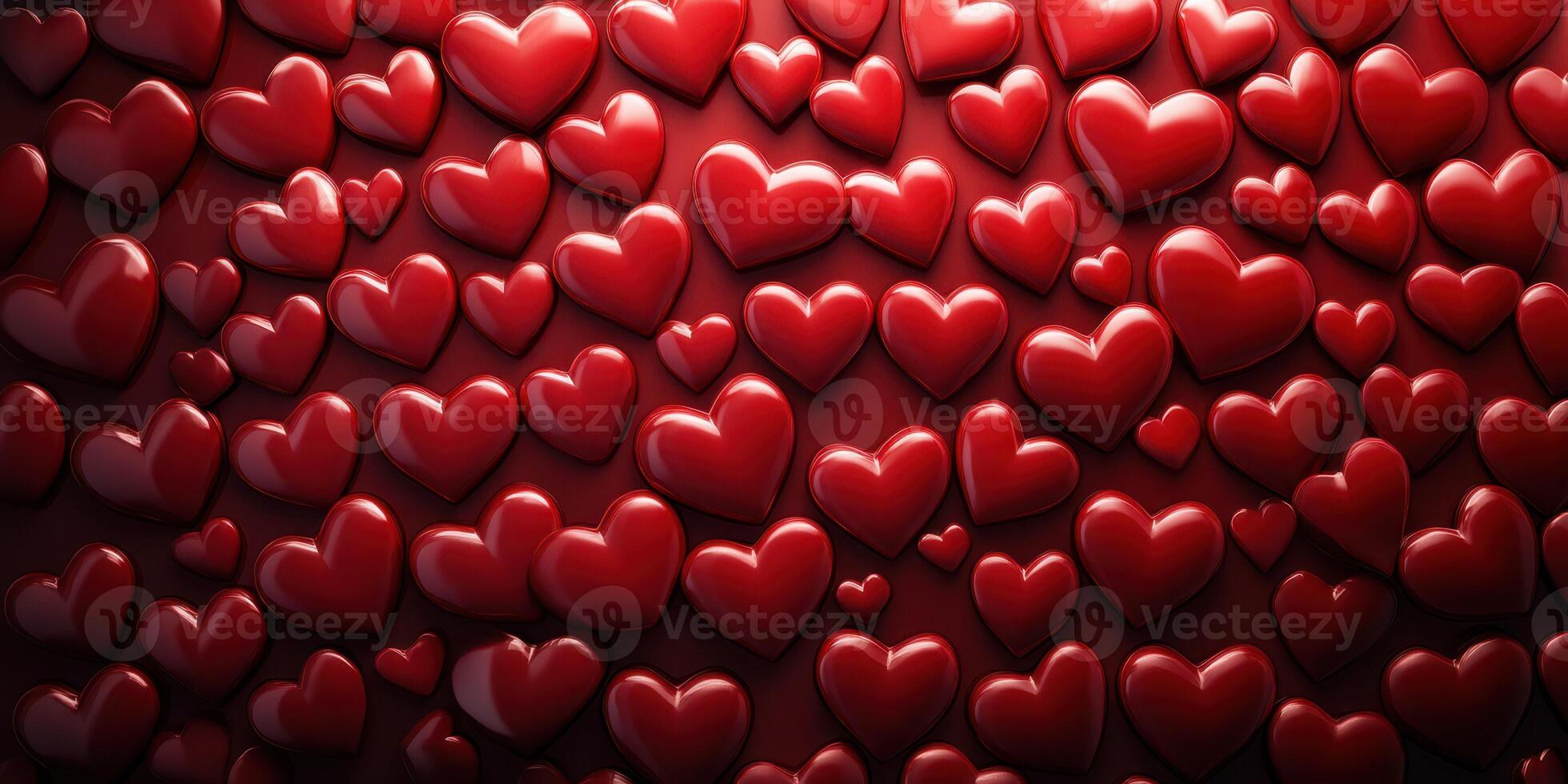 Vibrant collection of glossy red hearts on a deep red background creating a warm and romantic atmosphere photo