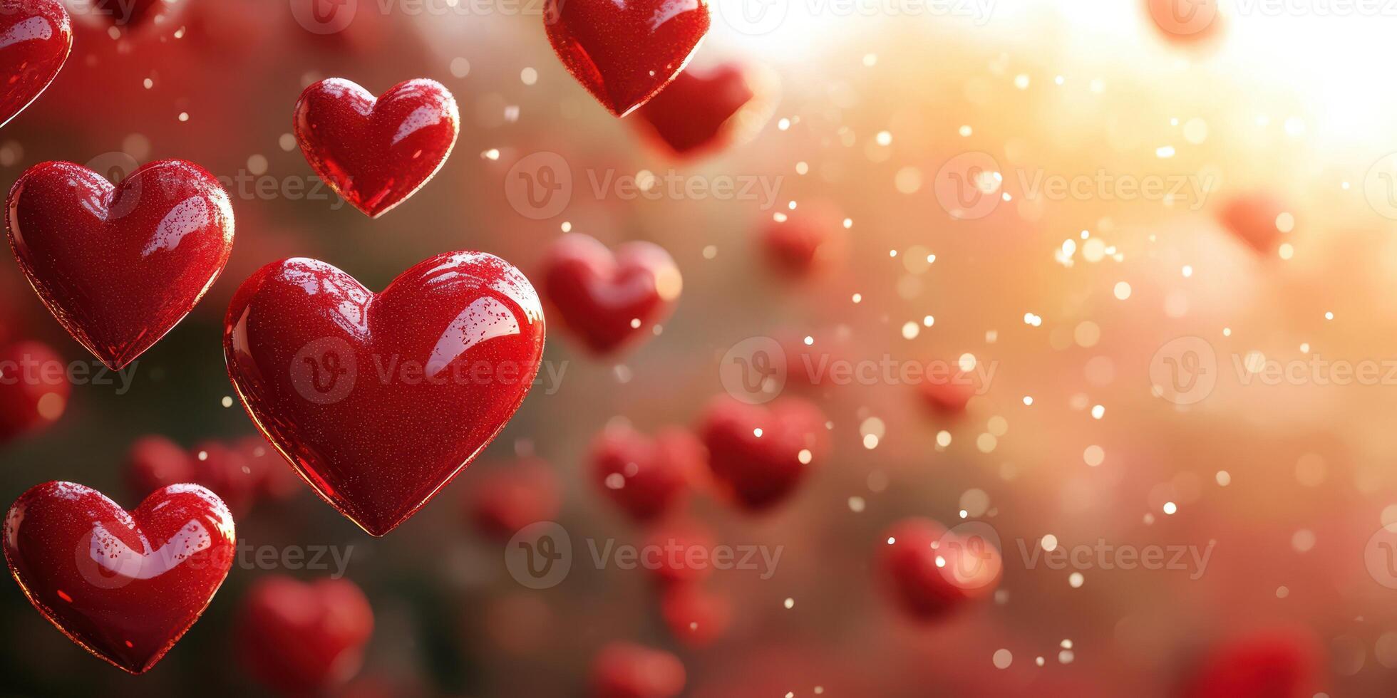 Floating red hearts create a romantic atmosphere with a warm golden background photo