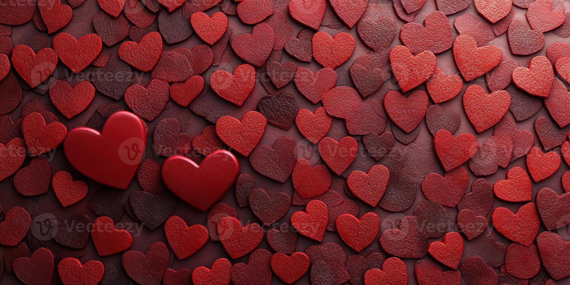 Red heart shapes scattered on a textured surface create a romantic atmosphere for celebration or decoration photo