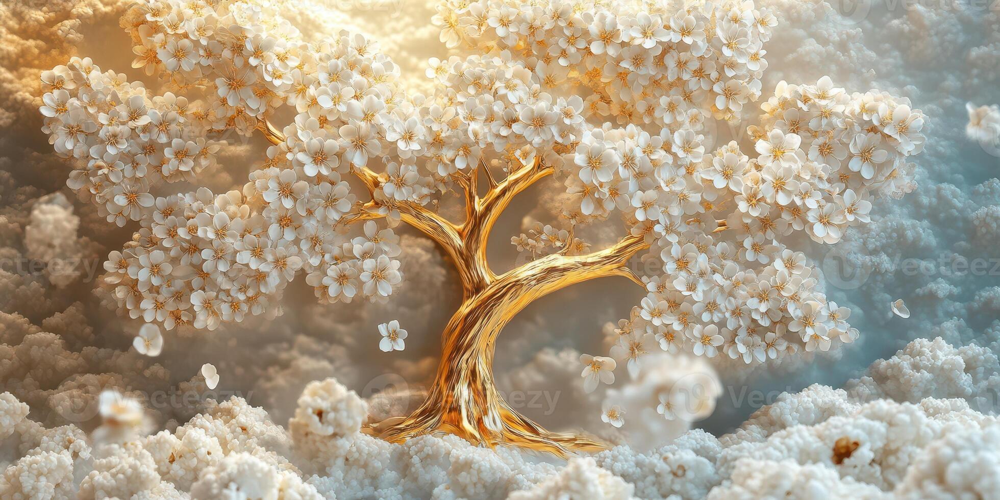 Golden tree blooming with white flowers against a surreal cloud backdrop during sunset photo