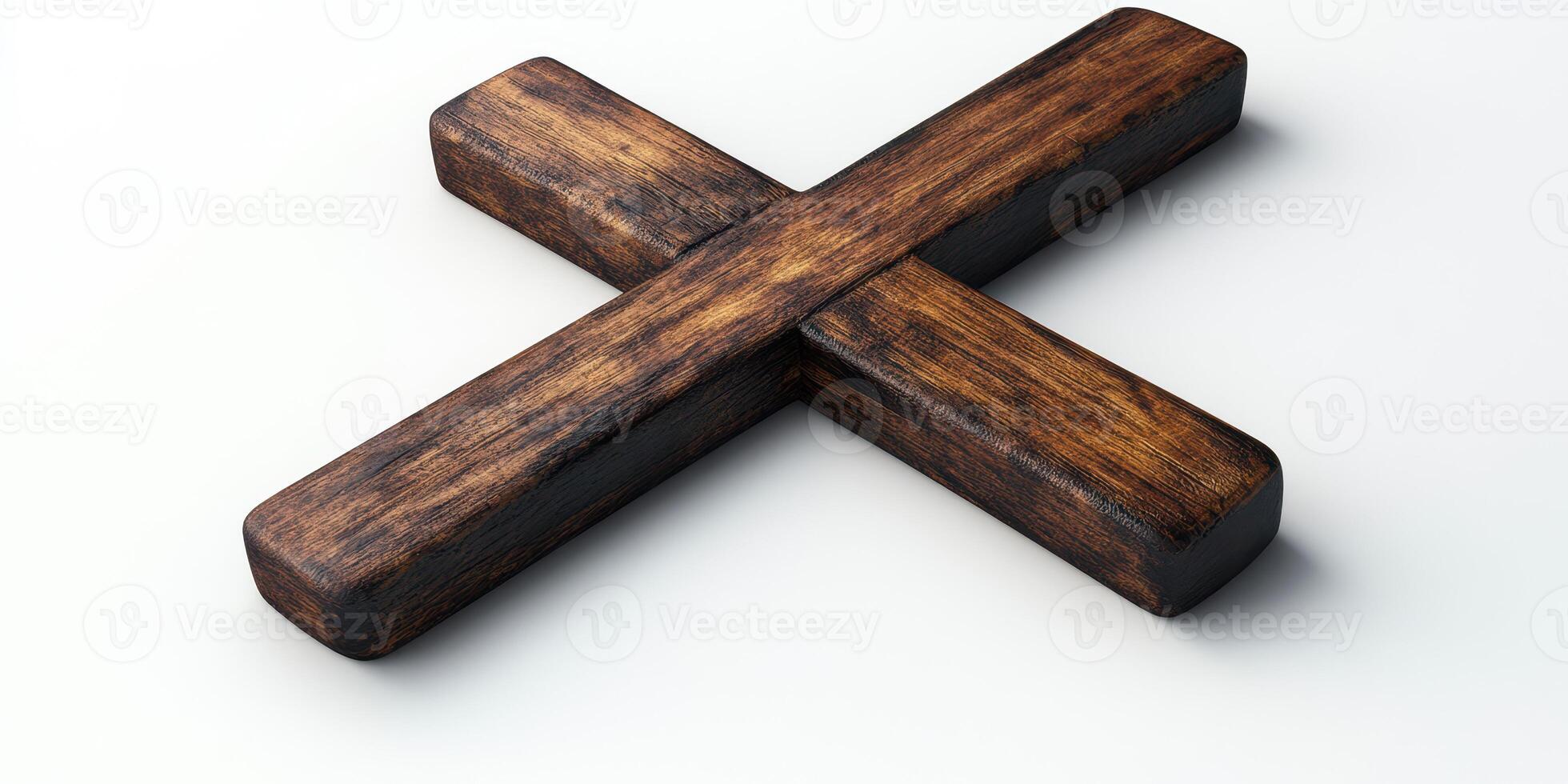 Rustic wooden cross resting on a light surface highlighting its texture and craftsmanship photo