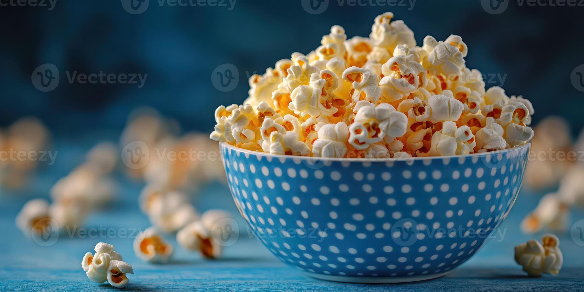 Freshly popped popcorn in a blue polka dot bowl sits on a textured surface with scattered kernels around it photo