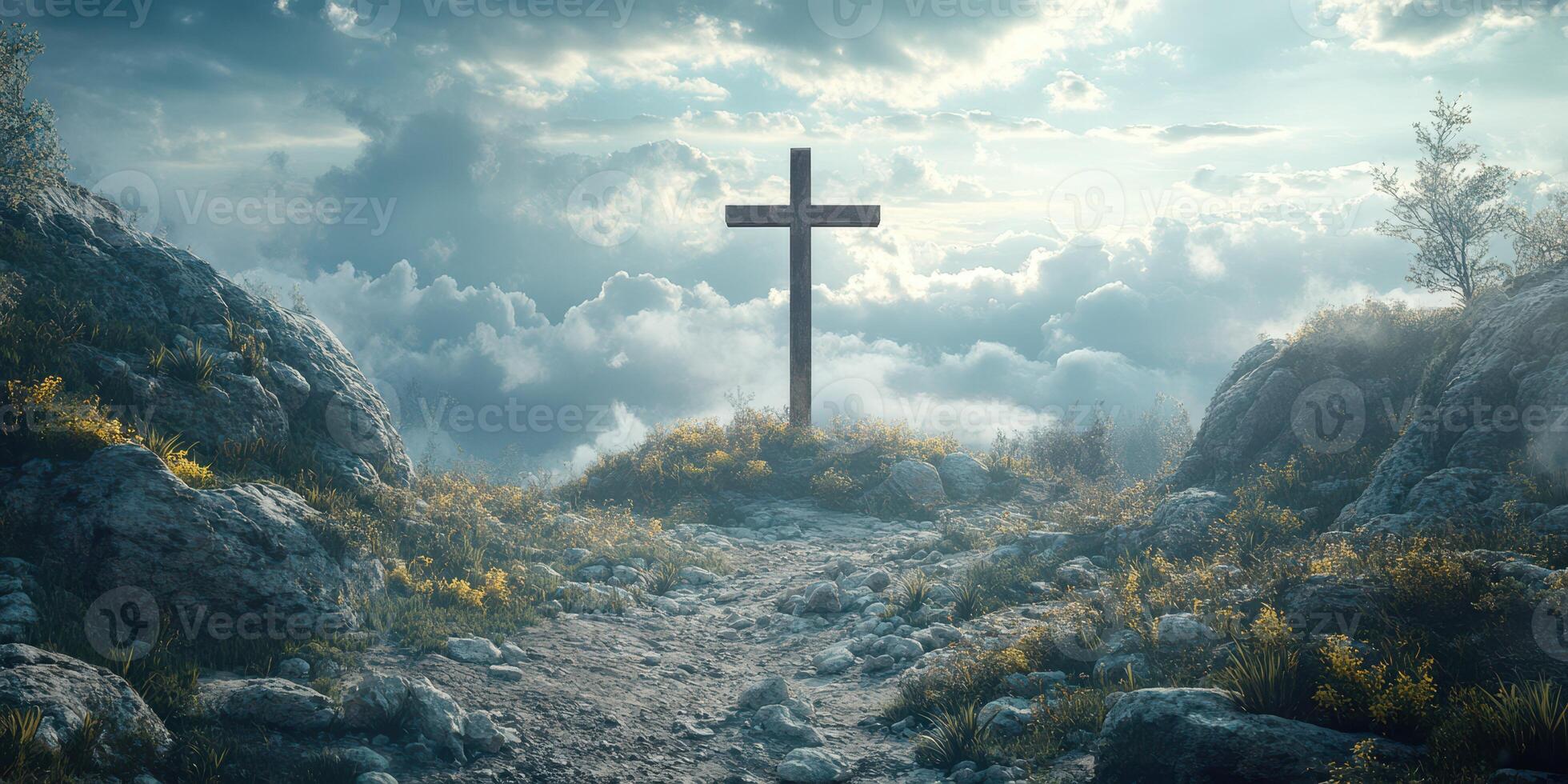 Cross atop a rocky path surrounded by clouds, symbolizing hope and spirituality during dawn light photo