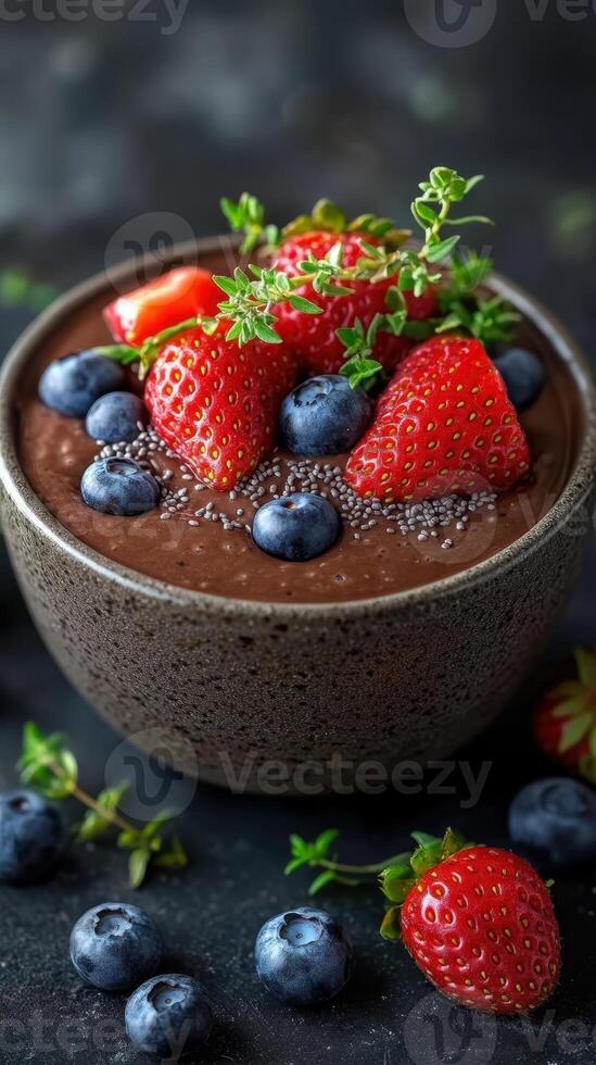 Fresh fruit topped chocolate dessert served in a dark bowl on a textured surface photo