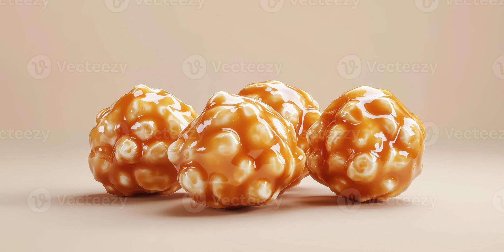 Delicious caramel popcorn balls arranged on a neutral background showcasing their textures and flavors photo