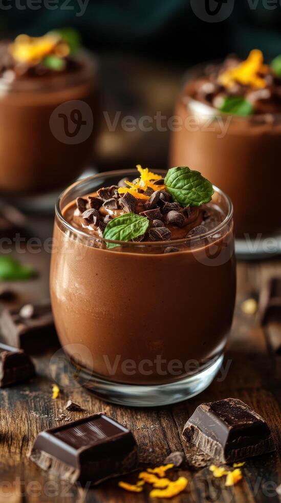 Decadent chocolate mousse in clear glass cups enhanced with mint and orange zest on a rustic wooden surface photo