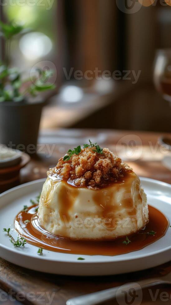 Delicious dessert with caramel sauce and crunch topping served in a cozy cafe photo