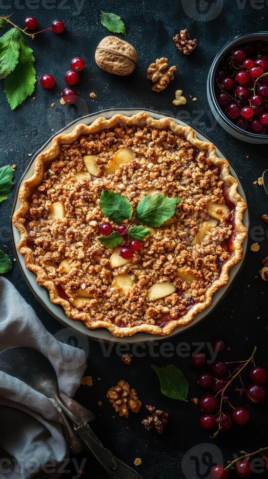 Delicious apple crumble pie with fresh fruit and nuts on a dark countertop photo